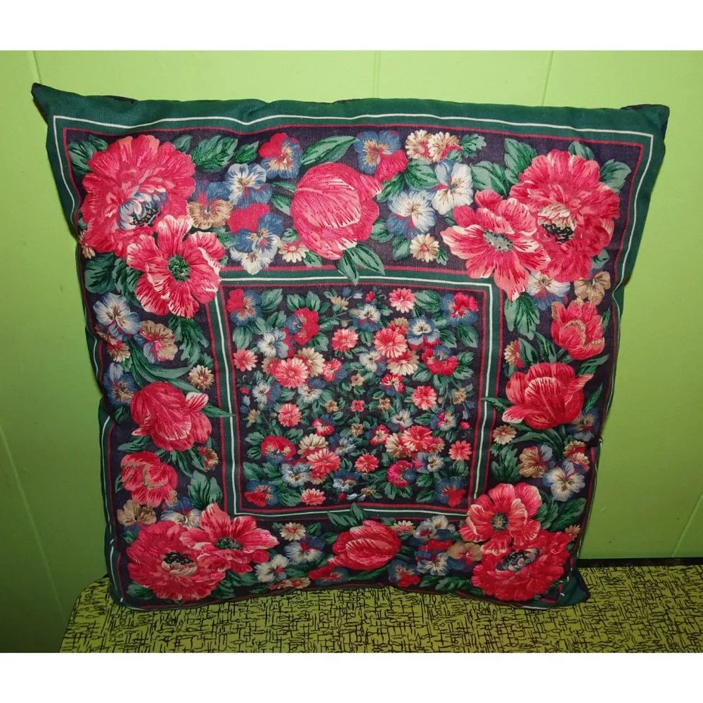Vintage Pink & Blue Floral Throw Pillow retro country farmhouse decor cottage